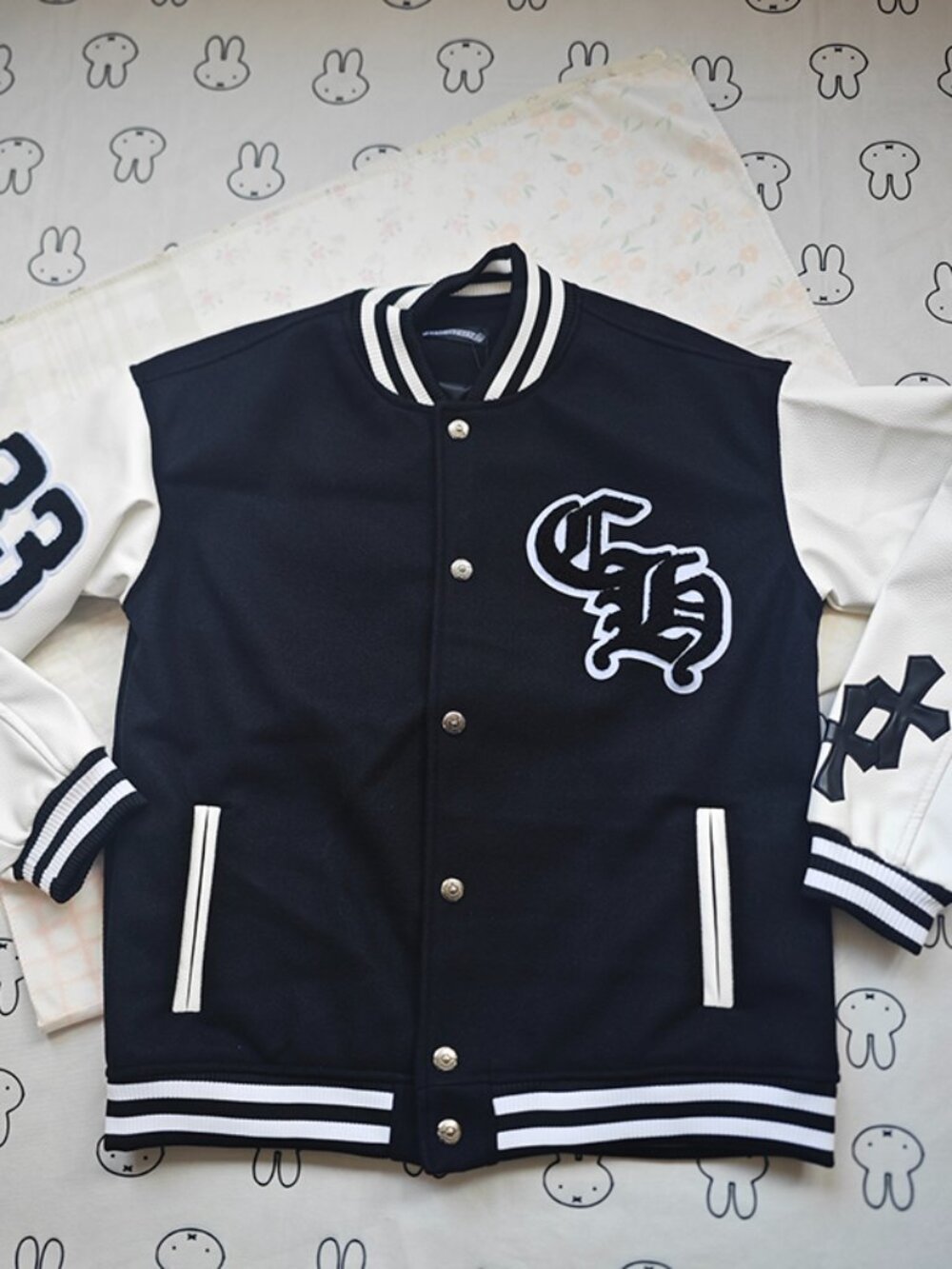 Chrome Hearts Black and White Color-Blocked Baseball Jacket